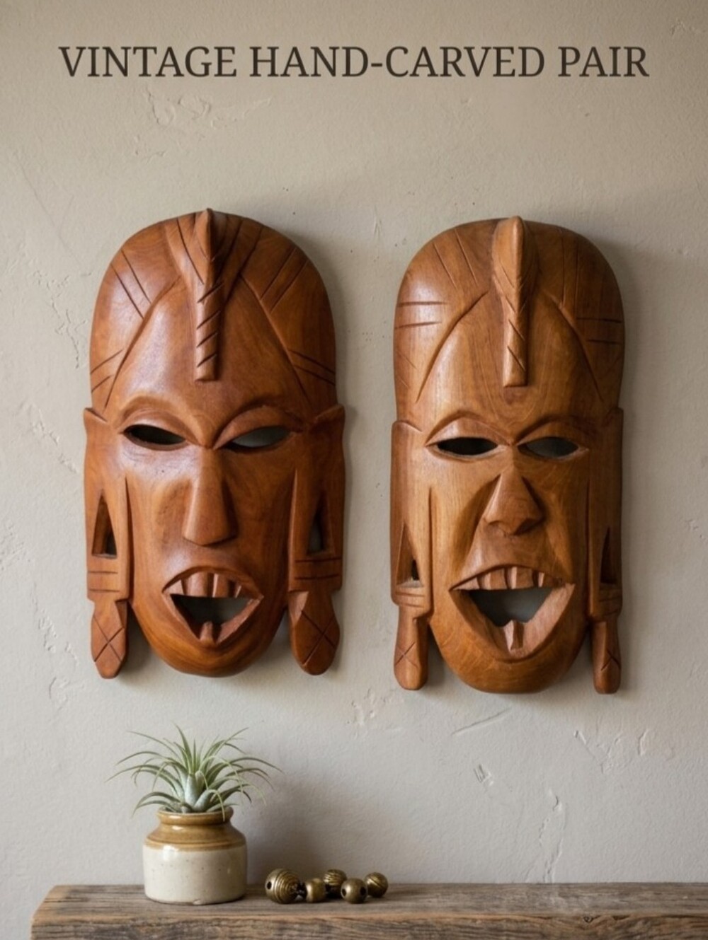 🌙Stunning Wall Art 2 Wooden Vintage Hand Carved Masks
